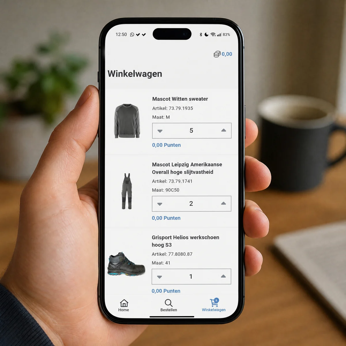 Workwear Manager mobiele app — winkelwagen